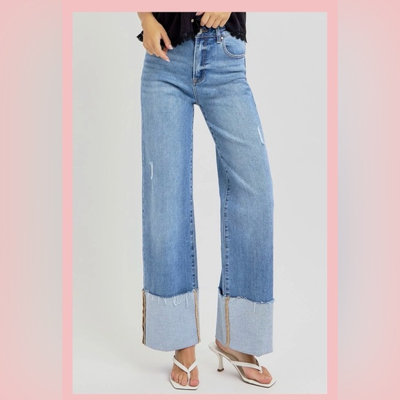 Risen Chic Light Blue Wide Leg Jeans with chuffed bottoms w/ light distress 9/29 - Picture 2 of 10
